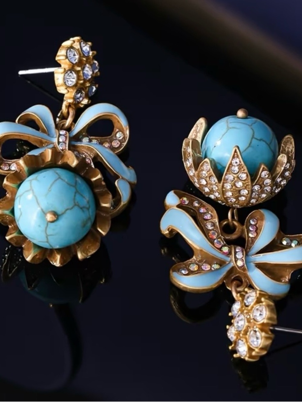 Gold-Tone Turquoise Bow Drop Earrings with Crystal Accents